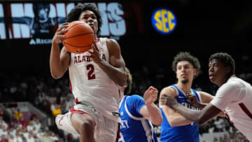 Feb 22, 2025; Tuscaloosa, AL, USA; Alabama guard Aden Holloway (2) drives to the basket at Coleman Coliseum. Alabama defeated Kentucky 96-83. Mandatory Credit: Gary Cosby Jr.-Tuscaloosa News