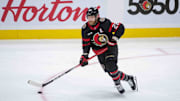 Oct 17, 2024; Ottawa, Ontario, CAN; Ottawa Senators right wing Claude Giroux (28) skates with the puck in the third period against the New Jersey Devils  at the Canadian Tire Centre. Mandatory Credit: Marc DesRosiers-Imagn Images