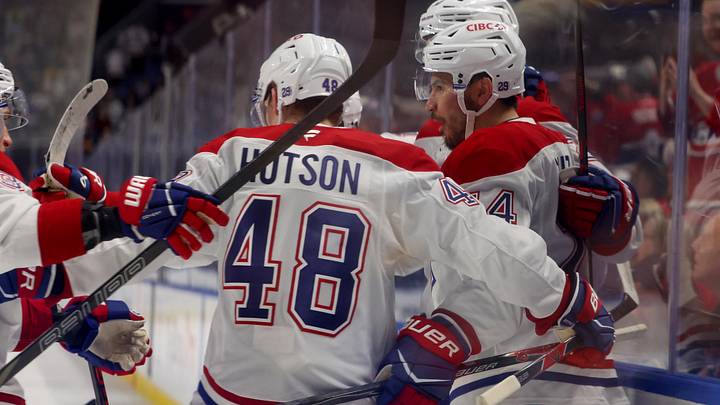 May 6, 2026; Buffalo, New York, USA; Montréal Canadiens center Nick Suzuki (14) celebrates his goal with teammates during the first period against the Buffalo Sabres in game one of the second round of the 2026 Stanley Cup Playoffs at KeyBank Center. Mandatory Credit: Timothy T. Ludwig-Imagn Images