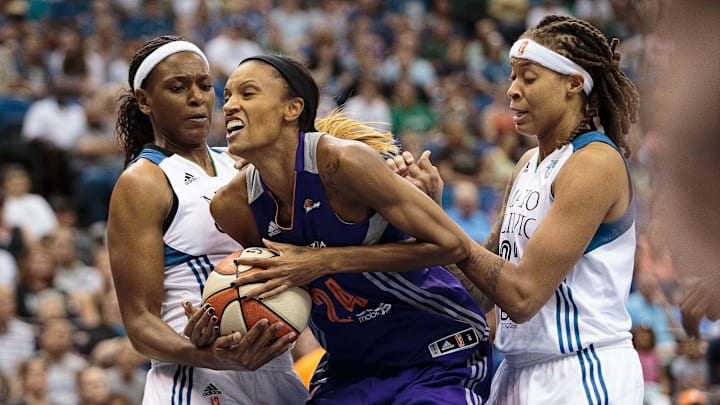 Jun 27, 2015; Minneapolis, MN, USA; Phoenix Mercury guard DeWanna Bonner (24) shoots in the first quarter against the Minnesota Lynx at Target Center. Mandatory Credit: Brad Rempel-Imagn Images