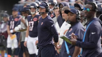 Sep 21, 2025; Chicago, Illinois, USA; Chicago Bears head coach Ben Johnson on the sidelines during the first half against the Dallas Cowboys at Soldier Field. Mandatory Credit: David Banks-Imagn Images