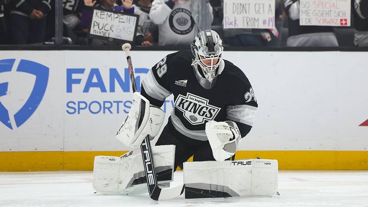 Feb 8, 2025; Los Angeles, California, USA; Los Angeles Kings goalie Pheonix Copley (29) warms up before a hockey game against the Anaheim Ducks at Crypto.com Arena. Mandatory Credit: Jessica Alcheh-Imagn Images
