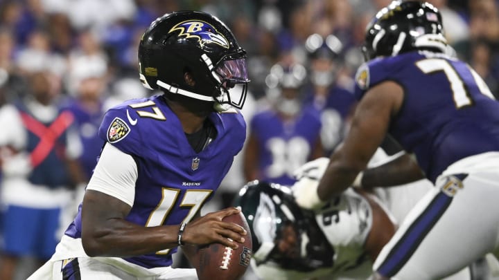 Aug 9, 2024; Baltimore, Maryland, USA;  Baltimore Ravens quarterback Josh Johnson (17) scrambles during the second quarter of a preseason game against the Philadelphia Eagles at M&T Bank Stadium. Mandatory Credit: Tommy Gilligan-USA TODAY Sports