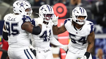 Oct 19, 2025; Arlington, Texas, USA; Dallas Cowboys defensive end Donovan Ezeiruaku (41) celebrates after a sack against the Washington Commanders during the fourth quarter of the game at AT&T Stadium. Mandatory Credit: Kevin Jairaj-Imagn Images