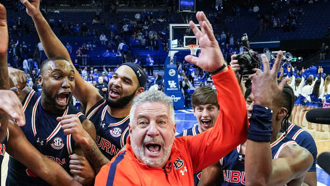 Auburn head coach Bruce Pearl and his No.1 Tigers celebrate after 94-78 win over Kentucky -- the first win at Rupp Arena since 1988 in SEC basketball Saturday afternoon in Lexington, Kentucky March 1, 2025 Auburn head coach Bruce Pearl and his No.1 Tigers celebrate after 94-78 win over Kentucky -- the first win at Rupp Arena since 1988 in SEC basketball Saturday afternoon in Lexington, Kentucky March 1, 2025