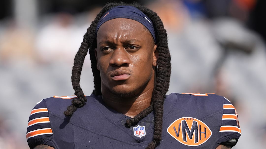 Sep 21, 2025; Chicago, Illinois, USA; Chicago Bears middle linebacker Tremaine Edmunds (49) before the game against the Dallas Cowboys at Soldier Field. Mandatory Credit: David Banks-Imagn Images