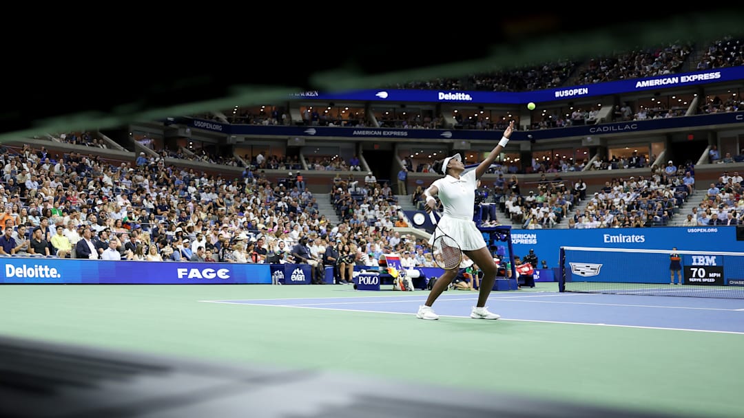 Venus Williams serves at the US Open