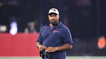 Aug 15, 2024; Foxborough, MA, USA; New England Patriots head coach Jerod Mayo walks out to check on an injured player during the second half against the Philadelphia Eagles at Gillette Stadium. Mandatory Credit: Eric Canha-USA TODAY Sports