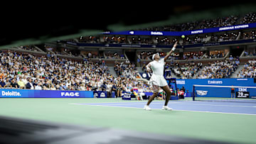 Venus Williams serves at the US Open