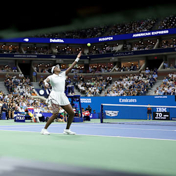 Venus Williams serves at the US Open