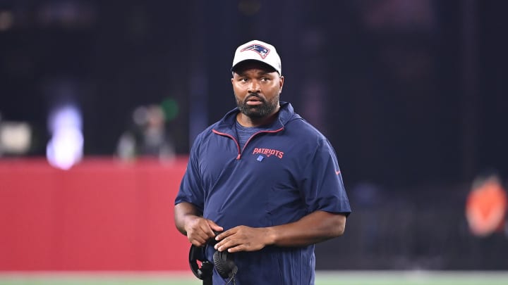 Aug 15, 2024; Foxborough, MA, USA; New England Patriots head coach Jerod Mayo walks out to check on an injured player during the second half against the Philadelphia Eagles at Gillette Stadium. Mandatory Credit: Eric Canha-USA TODAY Sports