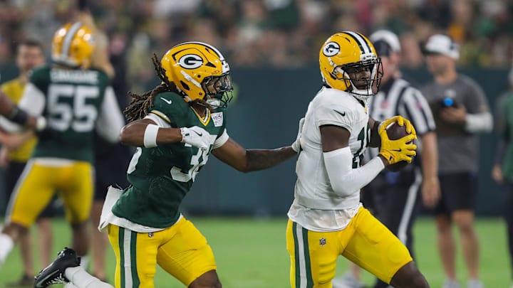 Green Bay Packers wide receiver Malik Heath (18) runs after making a catch during Family Night on Saturday, August 2, 2025, at Lambeau Field in Green Bay, Wis. 
Tork Mason/USA TODAY NETWORK-Wisconsin