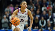 Mar 22, 2025; Storrs, Connecticut, USA; UConn Huskies guard Azzi Fudd (35) drives the ball against the Arkansas State Red Wolves in the first half at Harry A. Gampel Pavilion. Mandatory Credit: David Butler II-Imagn Images