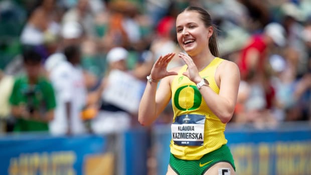 Oregon’s Klaudia Kazimierska celebrates a third place finish in the women’s 1,500 meters on day four of the NCAA Outdoor Track & Field Championships Saturday, June 8, 2024, at Hayward Field in Eugene, Ore.