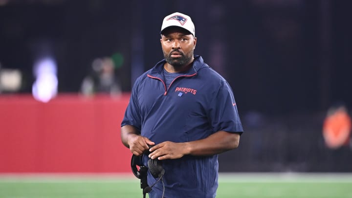 Aug 15, 2024; Foxborough, MA, USA; New England Patriots head coach Jerod Mayo walks out to check on an injured player during the second half against the Philadelphia Eagles at Gillette Stadium. Mandatory Credit: Eric Canha-USA TODAY Sports