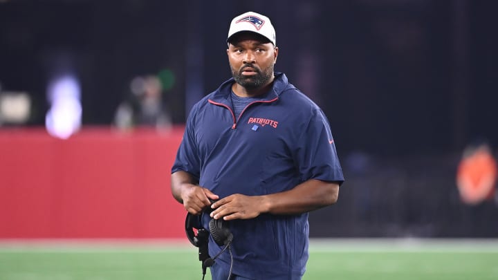 Aug 15, 2024; Foxborough, MA, USA; New England Patriots head coach Jerod Mayo walks out to check on an injured player during the second half against the Philadelphia Eagles at Gillette Stadium. Mandatory Credit: Eric Canha-USA TODAY Sports