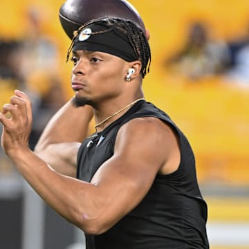 Oct 6, 2024; Pittsburgh, Pennsylvania, USA; Pittsburgh Steelers quarterback Justin Fields (2) works out before a game against the Dallas Cowboys at Acrisure Stadium. Mandatory Credit: Barry Reeger-Imagn Images
