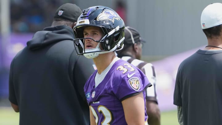 Jul 23, 2025; Owings Mills, MD, USA; Baltimore Ravens kicker Tyler Loop (33) warms up during training camp at Under Armour Performance Center. Mandatory Credit: Mitch Stringer-Imagn Images Jul 23, 2025; Owings Mills, MD, USA; Baltimore Ravens kicker Tyler Loop (33) warms up during training camp at Under Armour Performance Center. Mandatory Credit: Mitch Stringer-Imagn Images