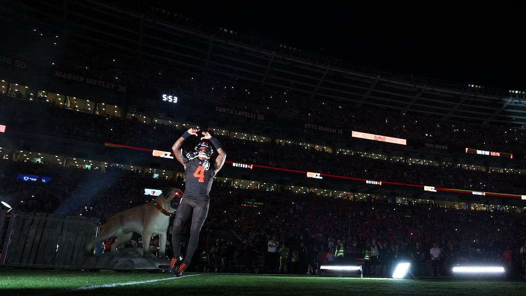 Oct 1, 2026; Cleveland, Ohio, USA;  Cleveland Browns quarterback Deshaun Watson (4) takes the field before the game at Huntington Bank Field.  Mandatory Credit: Scott Galvin-Imagn Images