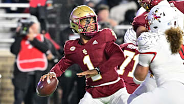 Oct 25, 2024; Chestnut Hill, Massachusetts, USA; Boston College Eagles quarterback Thomas Castellanos (1) passes the ball against the Louisville Cardinals during the first half at Alumni Stadium. Mandatory Credit: Eric Canha-Imagn Images