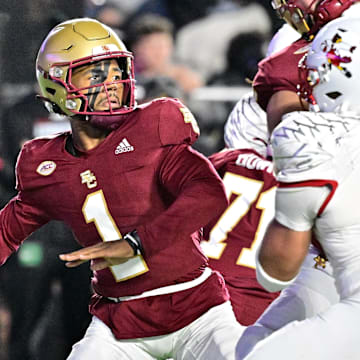 Oct 25, 2024; Chestnut Hill, Massachusetts, USA; Boston College Eagles quarterback Thomas Castellanos (1) passes the ball against the Louisville Cardinals during the first half at Alumni Stadium. Mandatory Credit: Eric Canha-Imagn Images