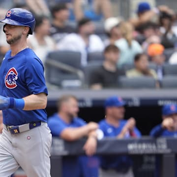 Jul 12, 2025; Bronx, New York, USA; Chicago Cubs right fielder Kyle Tucker (30) scores a run on catcher Carson Kelly (15) (not pictured) RBI single during the third inning at Yankee Stadium. Mandatory Credit: Gregory Fisher-Imagn Images