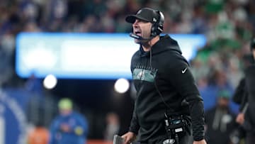 Oct 9, 2025; East Rutherford, New Jersey, USA; Philadelphia Eagles head coach Nick Sirianni reacts during the fourth quarter of the game against the New York Giants at MetLife Stadium. Mandatory Credit: Vincent Carchietta-Imagn Images