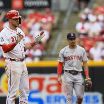 Jun 23, 2024; Cincinnati, Ohio, USA; Cincinnati Reds catcher Tyler Stephenson (37) reacts after hitting a RBI double in the sixth inning against the Boston Red Sox at Great American Ball Park. Mandatory Credit: Katie Stratman-USA TODAY Sports