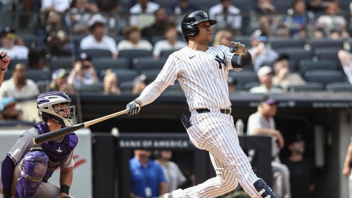 New York Yankees right fielder Juan Soto (22) hits a solo home run in the seventh inning against the Colorado Rockies at Yankee Stadium on Aug 25.