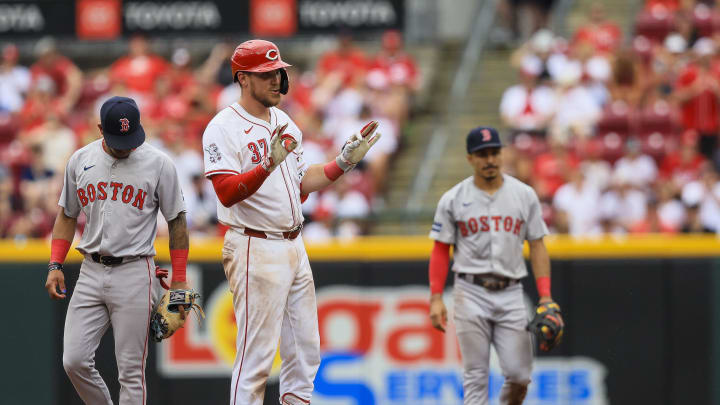 Jun 23, 2024; Cincinnati, Ohio, USA; Cincinnati Reds catcher Tyler Stephenson (37) reacts after hitting a RBI double in the sixth inning against the Boston Red Sox at Great American Ball Park. Mandatory Credit: Katie Stratman-USA TODAY Sports