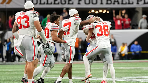 Ohio State Buckeyes place kicker Jayden Fielding (38) celebrates a field goal during the second half of the College Football 
