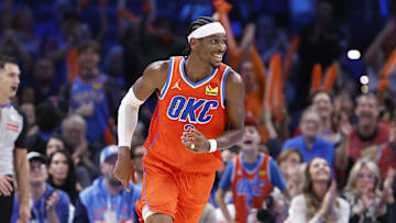 Nov 11, 2024; Oklahoma City, Oklahoma, USA; Oklahoma City Thunder guard Shai Gilgeous-Alexander (2) smiles after scoring against the Los Angeles Clippers during the fourth quarter at Paycom Center. Mandatory Credit: Alonzo Adams-Imagn Images