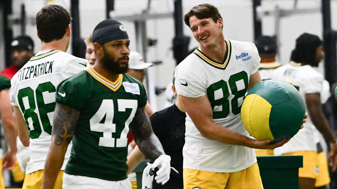 Jun 11, 2025; Green Bay, WI, USA;  Green Bay Packers corner back Isaiah Dunn (47) and tight end Luke Musgrave (88) participates in the team's minicamp at Ray Nitschke Field. Mandatory Credit: Benny Sieu-Imagn Images