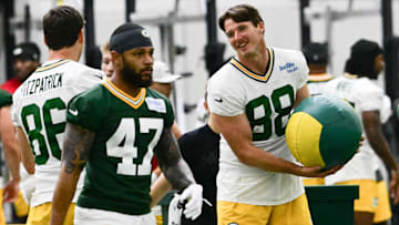 Jun 11, 2025; Green Bay, WI, USA;  Green Bay Packers corner back Isaiah Dunn (47) and tight end Luke Musgrave (88) participates in the team's minicamp at Ray Nitschke Field. Mandatory Credit: Benny Sieu-Imagn Images