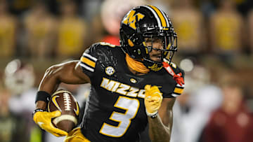 Nov 9, 2024; Columbia, Missouri, USA; Missouri Tigers wide receiver Luther Burden III (3) runs with the ball during the first half against the Oklahoma Sooners at Faurot Field at Memorial Stadium. Mandatory Credit: Jay Biggerstaff-Imagn Images