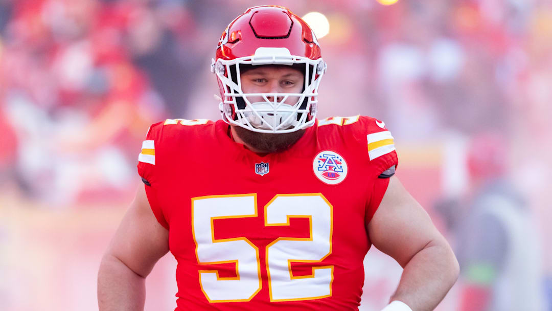 Jan 26, 2025; Kansas City, MO, USA; Kansas City Chiefs center Creed Humphrey (52) against the Buffalo Bills in the AFC Championship game at GEHA Field at Arrowhead Stadium. Mandatory Credit: Mark J. Rebilas-Imagn Images