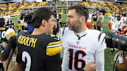 Nov 16, 2025; Pittsburgh, Pennsylvania, USA; Pittsburgh Steelers quarterback Mason Rudolph (2) greets Cincinnati Bengals quarterback Joe Flacco (16) after the game at Acrisure Stadium. Mandatory Credit: Charles LeClaire-Imagn Images