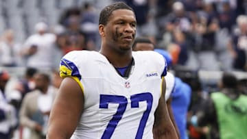 Sep 29, 2024; Chicago, Illinois, USA; Los Angeles Rams offensive tackle Alaric Jackson (77) in a game against the Chicago Bears at Soldier Field. Mandatory Credit: David Banks-Imagn Images