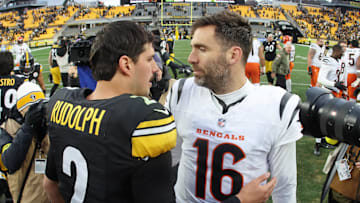 Nov 16, 2025; Pittsburgh, Pennsylvania, USA; Pittsburgh Steelers quarterback Mason Rudolph (2) greets Cincinnati Bengals quarterback Joe Flacco (16) after the game at Acrisure Stadium. Mandatory Credit: Charles LeClaire-Imagn Images