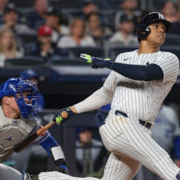 Sep 11, 2024; Bronx, New York, USA; New York Yankees right fielder Juan Soto (22) looks up at his two run home run during the sixth inning against the Kansas City Royals at Yankee Stadium. Mandatory Credit: Vincent Carchietta-Imagn Images