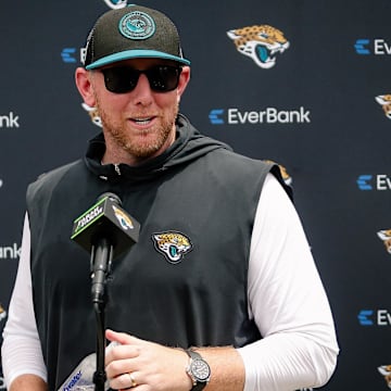 May 10, 2025; Jacksonville, FL, USA; Jacksonville Jaguars head coach Liam Coen meets with the media following rookie minicamp at Miller Electric Center. Mandatory Credit: Travis Register-Imagn Images