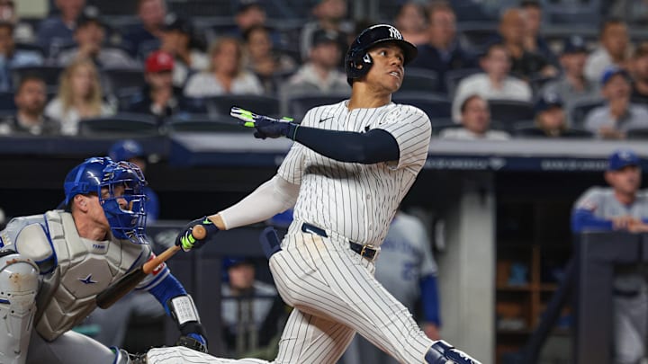 Sep 11, 2024; Bronx, New York, USA; New York Yankees right fielder Juan Soto (22) looks up at his two run home run during the sixth inning against the Kansas City Royals at Yankee Stadium. Mandatory Credit: Vincent Carchietta-Imagn Images