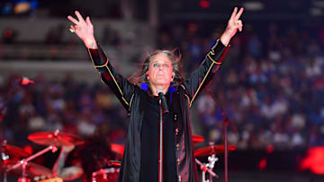 Sep 8, 2022; Inglewood, California, USA;  English singer Ozzy Osbourne preforms at half time of the game between the Los Angeles Rams and the Buffalo Bills at SoFi Stadium. Mandatory Credit: Gary A. Vasquez-Imagn Images
