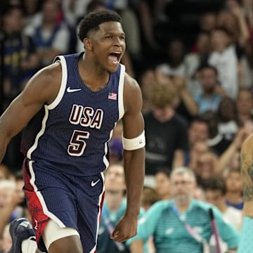 Aug 10, 2024; Paris, France; United States guard Anthony Edwards (5) reacts against France in the second half in the men's basketball gold medal game during the Paris 2024 Olympic Summer Games at Accor Arena. Mandatory Credit: Kyle Terada-Imagn Images