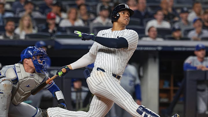 Juan Soto watches a two-run home run fly during the bottom of the sixth inning of Wednesday's 4-3 win over the Kansas City Royals at Yankee Stadium. 