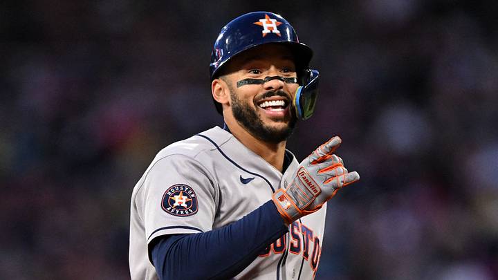May 1, 2026; Boston, Massachusetts, USA; Houston Astros shortstop Carlos Correa (1) reacts after hitting a solo home run against the Boston Red Sox during the third inning at Fenway Park. Mandatory Credit: Brian Fluharty-Imagn Images