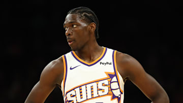 Oct 14, 2025; Phoenix, Arizona, USA; Phoenix Suns forward Rasheer Fleming (20) against the Los Angeles Lakers during an NBA preseason game at Mortgage Matchup Center. Mandatory Credit: Mark J. Rebilas-Imagn Images