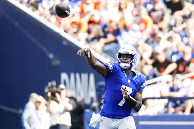 Seattle Seahawks quarterback Geno Smith (7) passes against the Denver Broncos.