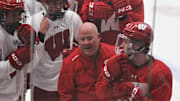 Wisconsin men's hockey coach Mike Hastings guides the team through practice at La Bahn Arena in Madison, Wis. at Tuesday Sept. 26, 2026.