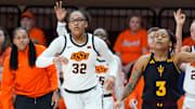 Oklahoma State Cowgirls guard Stailee Heard (32) looks up beside Arizona State Sun Devils guard Tyi Skinner (3) after making a 3-pointer during a women's college basketball game between the Oklahoma State Cowgirls (OSU) and the Arizona State Sun Devils at Gallagher-Iba Arena in Stillwater, Okla., Wednesday, Jan. 29, 2025.